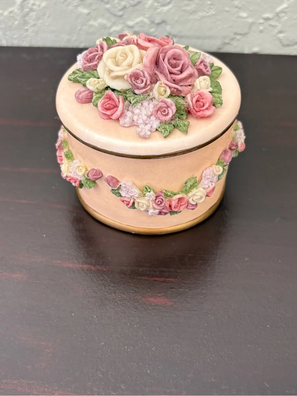 Dezine Hand Painted Decorative Floral Trinket Box - Pink, Cream & Green Roses